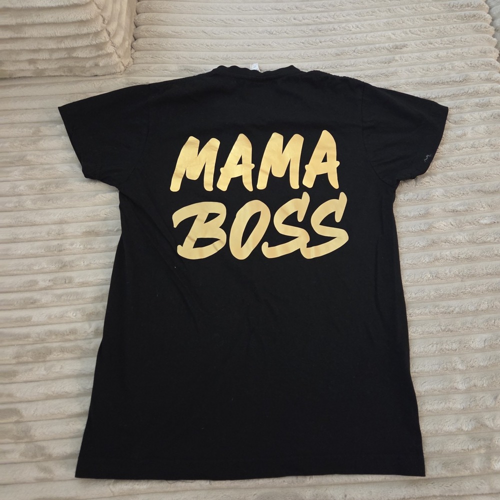 MAMA BOSS Black V-Neck Graphic T-Shirt Small Cotton Short Sleeve Tee Graphic